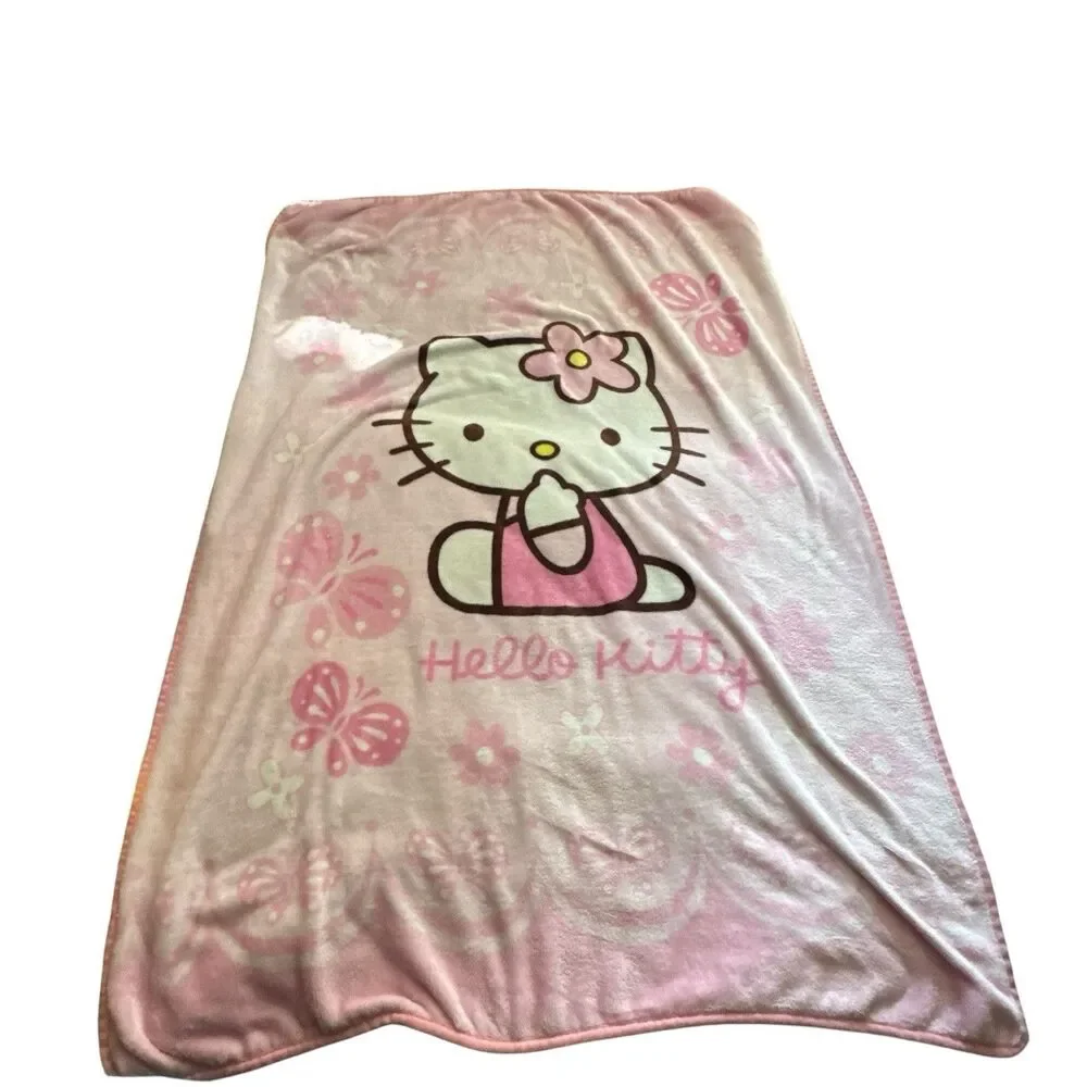 2005 Vintage‎ HELLO KITTY Pink Flowers and Butterflies Throw / Blanket 40x55